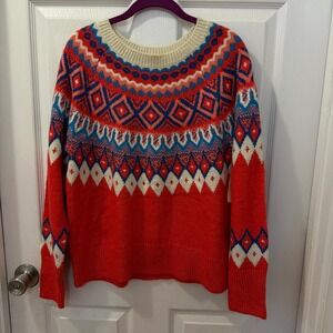 NWT St. Johns Bay Women Petite L Geometric Fair Isle Sweater Orange Coral Nordic
